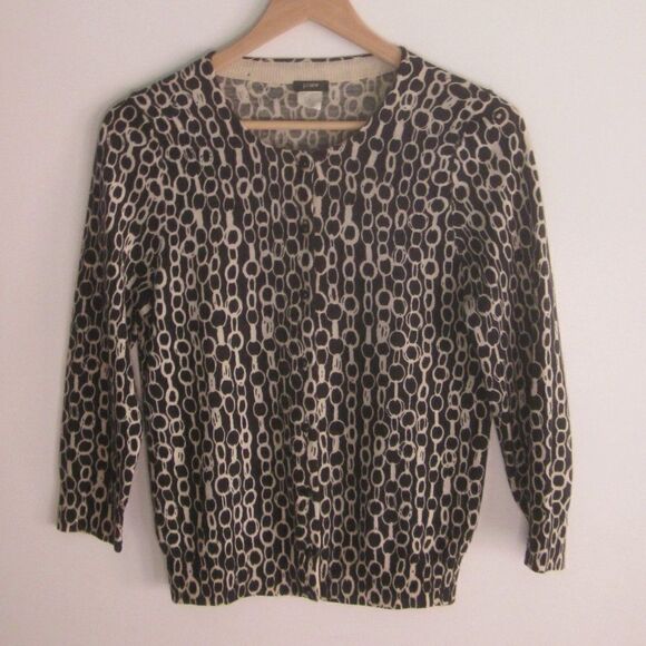 J Crew Womens Size M Button Front Wool Cardigan Black Chain Print Sweater 34" B - Picture 1 of 12